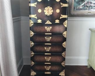 Vintage Asian Lacquered Jewelry box chest w/ brass details, 52"H x 18"D x 22"W,  $395