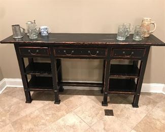 Walter E Smithe accent table w/ drawers, black distressed, 63"W x 14"D x 32"H, $295