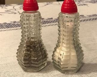 Vintage pressed glass red cap S & P shakers, 4"H, $7