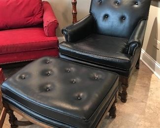 Black leather arm chair 31"W x 30"D x 35"H, & ottoman 28" x 21" x17"H (slight tears by buttons on ottoman),   was $325, NOW $225