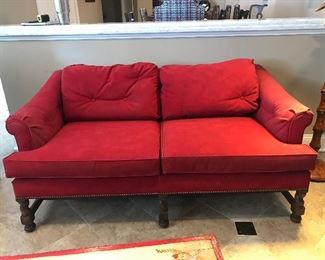 Red settee (WJ Jump Fine Home Furnishings), 5"w x 3'D x 27"H, was $100, NOW $50