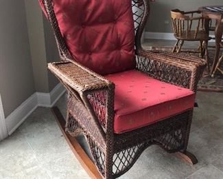 Walter E Smithe Wicker rocking chair with side basket and custom upholstered seat & back cushion, 41"D x 33"W x 40"H, was $195, NOW $135