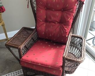 Walter E Smithe Wicker chair with side basket and custom upholstered seat & back cushion, 34"D x 37"W x 44"H, was $195, NOW $135