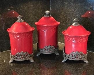 Chris Madden Red ceramic canister set, 14"H, 13.5"H, 12.5"H, $60