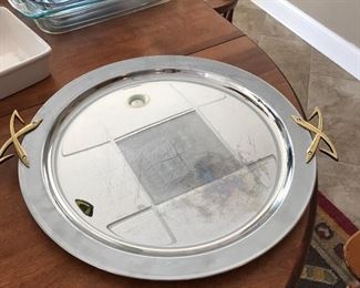 Large silver tray w/ handles, 19" diameter, $10