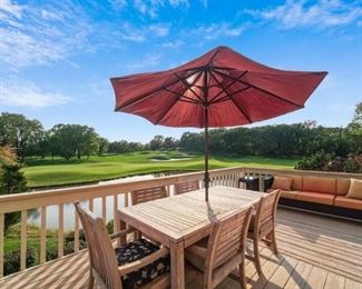 Wooden patio table, 6 chairs, umbrella, $425