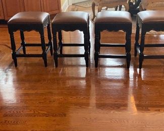 Set of 4 Ballard designs black stools w/ cognac seats, 24"H x 16" x 16",  $165 ea,  NOW $400 for all four stools.