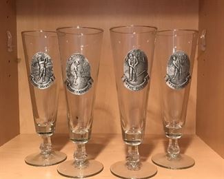 4 Tall Beer Pilsner Glasses with Pewter badges/emblems depicting DRIVE, FAIRWAY, PUTT and SAND,  was $20, NOW $10