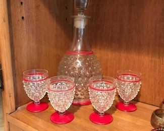 1930s Anchor Hocking Glass Hobnail Red Trim Decanter + 4 glasses,  was $30, NOW $20