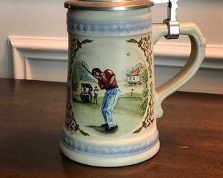 Vintage Alwe German Lidded Beer Stein Golfer, Pewter Lid 7"H, was $20, NOW $10