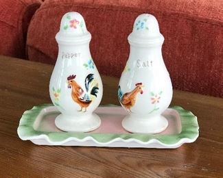 Rooster Salt & Pepper shakers w/ dish, 4.5"H,  was $5, NOW $3
