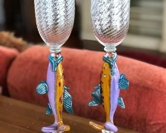 2 glass fish stem signed wine glasses, 12"H,  $12