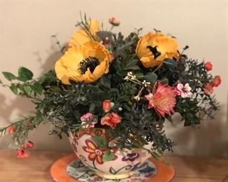 Floral arrangement and colorful orange plate, 10"H x 12"W,  was $14, NOW $8