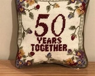 50 years together needlepoint pillow,  9" x9",  was $10, NOW $5