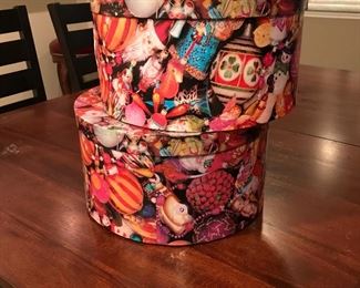 3 round  "hat box" w/ lid Xmas storage container, 13"D x7"H,  $5 each