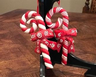 Pair of red candy cane ornaments,  was $5, NOW $3