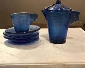 Vintage Minature Blue glass pitcher, 3 saucers & 1 cup, small as in a doll set, was $14, NOW $7