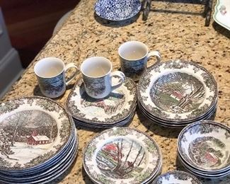 The Friendly Village dinnerware set, "The School House", 8 dinner plates, 4 sq dessert plates, 4 round dessert plates, 4 soup bowls, 4 cereal bowls, 3 small bowls, 3 mugs,  was $175, NOW $85