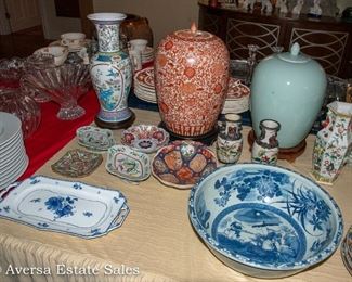 Tables of Asian Decor including Kutani and Celedon Ginger Jars
