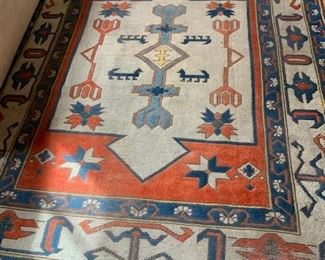 $250 Vintage kilim rug 101' x 73'' blue and red, shows wear