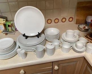 $145 1980s Arzberg Grand Prix White German Porcelain Set/56 (8dp, 5sp, 9cereal bowls, 9b&b plates, 7/8c&s, s&p, c&s, demitasse cups)