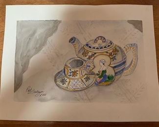 $35 Patricia Salazar (1936-2019) 2001 watercolor tea set, unframed 10" x 13 1/2''