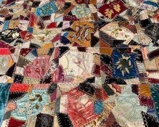 $500 Exceptional embroidered silk and velvet Philadelphia wedding/crazy quilt ca 1890, 64'' x 64''; detailed pictures and information available on request