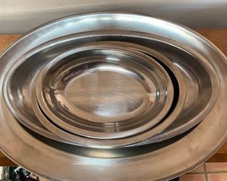 Gense Sweden Mid Century stainless steel platters 10 1/2" x 7 1/2'' $12; 11 3/8" x 8 1/4'' $15; 17 1/2" x10'' $20," 21 x 15 3/4'' (unmarked) $20