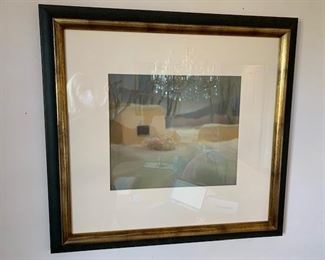 $250 Anne Huston, Taos 'Winter Adobe' pastel on sandpaper 26'' x 27'' framed, 12'' x 14 3/8'' image