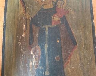 $175 Vintage retablo on wood, Saint Anthony and Child 10 3/4" x 8''