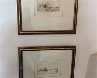 $200/pair *NOW $100* Bayotte English pen and ink drawings ca 1860 10 1/4" x 11 3/4'' framed, 2 1/4" x 4 1/4'' image (see next image for enlarged photo)
