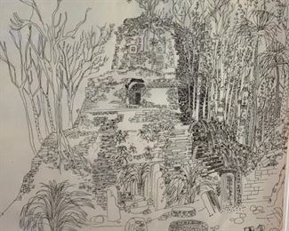$350 Alfred Bendiner (1889-1964) pen/ink drawing, 'Tikal Project' 1960 28'' x 26'' framed, 20 1/2'' x 19 1/4 image