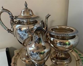 $1450 Bailey and Co Philadelphia 1852 Coin silver tea pot, pitcher, and waste bowl, Greek Key border, 63.9 oz coin (tray not included)