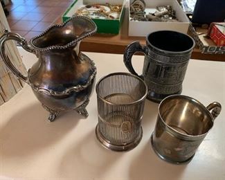 Antique silver plate pitcher $20, monogrammed holder $10, cups $20/each