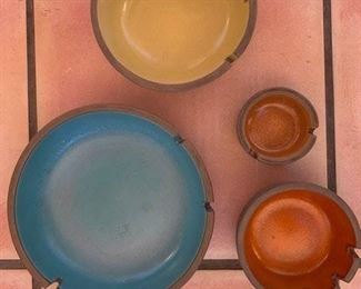 Vintage Edith Heath ashtrays 8 1/2'' turquoise $35; 6 1/2'' sunflower $30; 4 3/4'' orange $25; 3'' red $20
