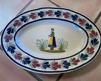 $25 Vintage Quimper 16 1/2'' x 11 3/4'' Footed Platter, Hairline Crack Midway and Chips on Base