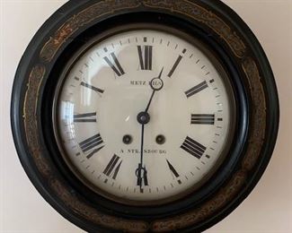 $450 19th C French mahogany schoolhouse or railway wall clock, marked Metz Fils, A. Strasbourg, gilt and polychrome painted border