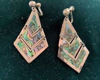 $45 Vintage Taxco Sterling and Abalone Clip Earrings, hallmarked GFD