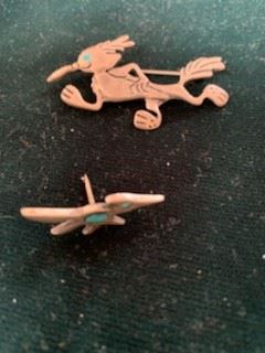 Vintage Native American 2'' roadrunner pin with turquoise $45 (SOLD); 1 1/4'' tie tack $20 (no pin back)