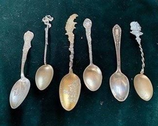 Antique sterling souvenir spoons, left to right, Oversea Railroad Key West $15, Twisted handle 1892 $12, St. Joseph Missouri high school $15, Boston $15, plain $10, Worlds Fair 1893 $15