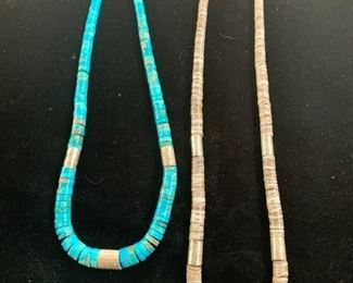$250 Vintage Santo Domingo natural turquoise disk and stamped sterling bead necklace, 20"; $200 vintage Santo Domingo shell heshi and stamped sterling bead necklace, 26"