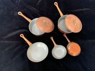 Rear (2) 6 1/4'' Sauce Pans with Lids $80/each, Front Left 6 1/4'' Saute Pan $40 (SOLD), Front Right 4 1/4'' Pair of Saute Pans $40