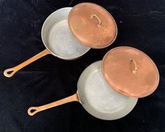 Rear 10 1/4'' Sauce Pan with Lid (very slightly out of round) $125, Front 10 1/4'' Fry Pan with Lid (very slightly out of round) $120
