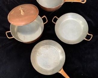 Rear 8 1/4'' Sauce Pan with Lid $100, Right 8 1/4'' Saute Pan with 2 Handles $50 (SOLD), Left 8 1/4'' Sauce Pan with Lid and 2 Handles $100, Front 8 1/4'' Fry Pan $60 (SOLD)