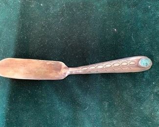 $120 Unusual vintage Native American stamped sterling and turquoise butter knife, 6", hallmarked P. Yellowhorse