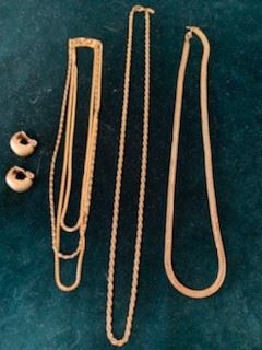 Left to Right, Monet Clip Earrings $10, Monet 3-chain Necklace 8 3/4'' $20, Monet 12'' Twist Chain Necklace $15, Monet 9 1/2'' Flat Chain Necklace $15