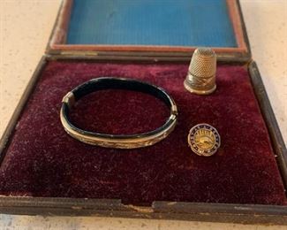 $30 Antique GF child's bracelet with box; $10 antique GF thimble; $5 antique GF pin 'As busy as a beaver'