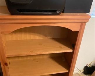 Two bookcases a printer and shredder