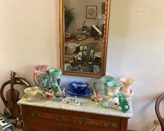 Marble-top CHest, ROseville, Hull, & other pottery