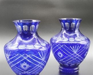 Pair blue cut crystal vases.